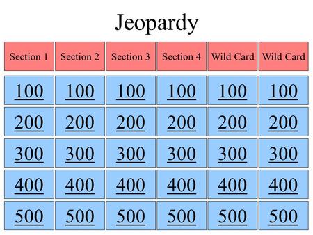 Jeopardy Section 1 Section 2 Section 3 Section 4 Wild Card Wild Card