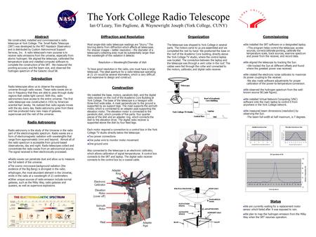 The York College Radio Telescope Ian OLeary, Tim Paglione, & Waynewright Joseph (York College, CUNY) Introduction Radio telescopes allow us to observe.