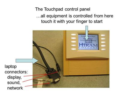 The Touchpad control panel …all equipment is controlled from here touch it with your finger to start laptop connectors: display, sound, network.