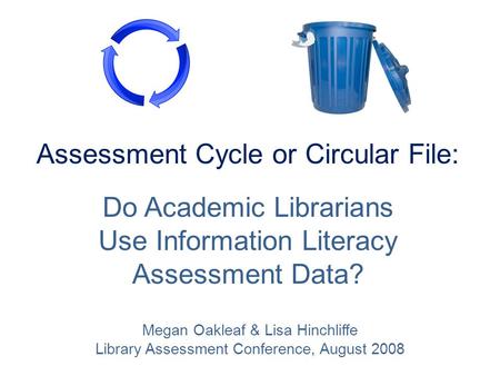 Assessment Cycle or Circular File: Do Academic Librarians Use Information Literacy Assessment Data? Megan Oakleaf & Lisa Hinchliffe Library Assessment.