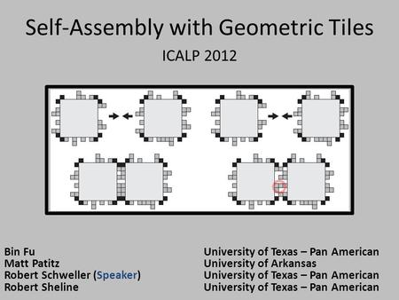 Self-Assembly with Geometric Tiles ICALP 2012 Bin FuUniversity of Texas – Pan American Matt PatitzUniversity of Arkansas Robert Schweller (Speaker)University.