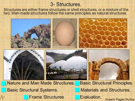 Nature and Man Made Structures. Basic Structural Principles. Basic Structural Systems. Materials and Structures. Frame Structures Evaluation. 3- Structures.