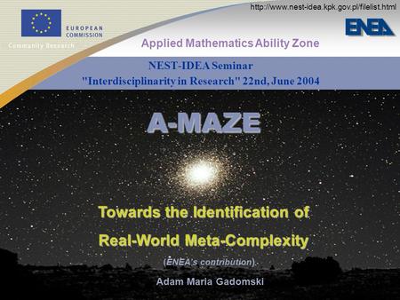 A-MAZE NEST-IDEA Seminar Interdisciplinarity in Research 22nd, June 2004 Applied Mathematics Ability Zone Adam Maria Gadomski (ENEAs contribution ) Towards.