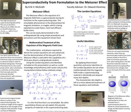 Superconductivity from Formulation to the Meissner Effect By Erik V. McGrathFaculty Advisor: Dr. Edward Deveney Two high temperature superconducting disks.