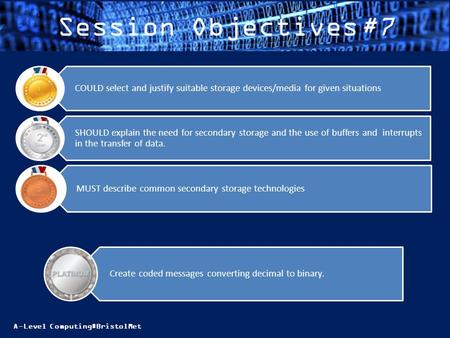 A-Level Computing#BristolMet Session Objectives#7 MUST describe common secondary storage technologies SHOULD explain the need for secondary storage and.