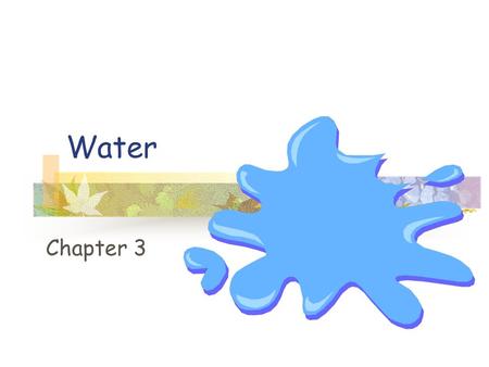Water Chapter 3. Water Life began in water 2/3s of an organisms body Organisms grow or reproduce in a water-rich environment.