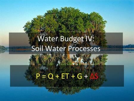 Water Budget IV: Soil Water Processes P = Q + ET + G + ΔS.