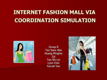 INTERNET FASHION MALL VIA COORDINATION SIMULATION Group 8 Tan Soon Wei Huang Minghui Zul Tan Shi Lin Lynn Chia Farrah Teo.