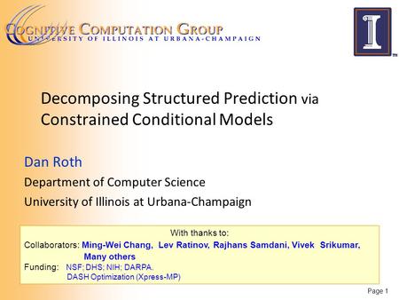 June 2013 SLG Workshop, ICML, Atlanta GA Decomposing Structured Prediction via Constrained Conditional Models Dan Roth Department of Computer Science University.