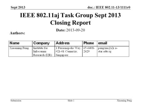 Doc.: IEEE 802.11-13/1111r0 Submission Sept 2013 Xiaoming PengSlide 1 Date: 2013-09-20 Authors: IEEE 802.11aj Task Group Sept 2013 Closing Report.