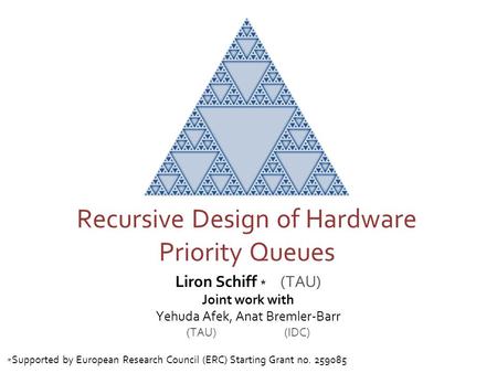 Liron Schiff * (TAU) Joint work with Yehuda Afek, Anat Bremler-Barr (TAU) (IDC) Recursive Design of Hardware Priority Queues Supported by European Research.