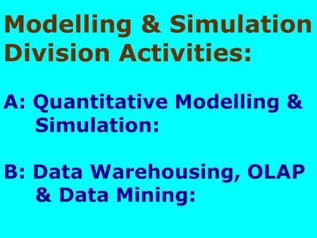 Modelling & Simulation Division Activities: A: Quantitative Modelling & Simulation: B: Data Warehousing, OLAP & Data Mining: