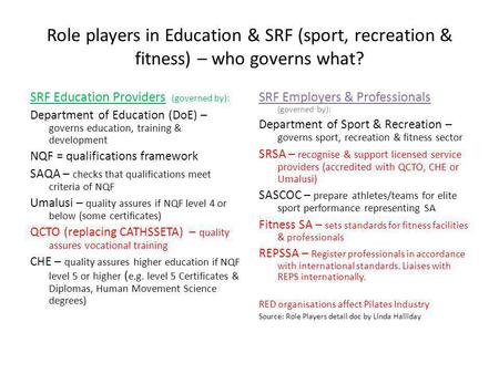 Role players in Education & SRF (sport, recreation & fitness) – who governs what? SRF Education Providers (governed by): Department of Education (DoE)