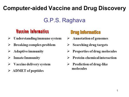 1 Computer-aided Vaccine and Drug Discovery G.P.S. Raghava Understanding immune system Breaking complex problem Adaptive immunity Innate Immunity Vaccine.