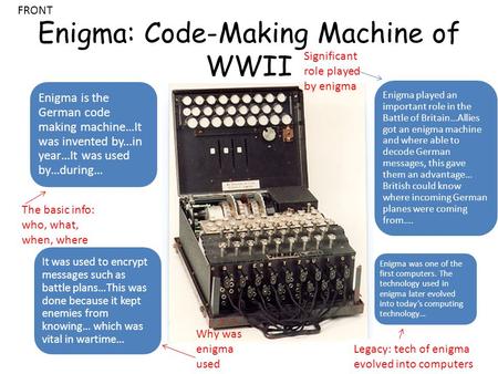 Enigma: Code-Making Machine of WWII Enigma is the German code making machine…It was invented by...in year…It was used by…during… It was used to encrypt.