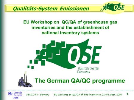 Qualitäts-System Emissionen 1 UBA II 5.3 - Germany EU Workshop on QC/QA of GHG inventories, 02.-03. Sept. 2004 EU Workshop on QC/QA of greenhouse gas inventories.