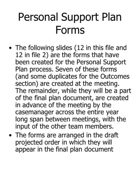 Personal Support Plan Forms The following slides (12 in this file and 12 in file 2) are the forms that have been created for the Personal Support Plan.