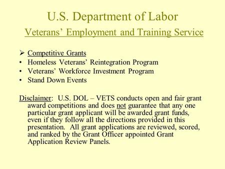 U.S. Department of Labor Veterans’ Employment and Training Service