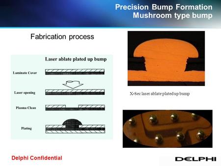 Delphi Confidential Precision Bump Formation Mushroom type bump X-Sec laser ablate plated up bump Fabrication process.