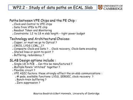 Maurice Goodrick & Bart Hommels, University of Cambridge WP2.2 - Study of data paths on ECAL Slab Paths between VFE Chips and the FE Chip : Clock and Control.