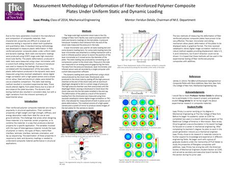 Measurement Methodology of Deformation of Fiber Reinforced Polymer Composite Plates Under Uniform Static and Dynamic Loading Isaac Pinsky, Class of 2014,