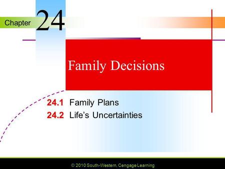 Chapter © 2010 South-Western, Cengage Learning Family Decisions 24.1 24.1Family Plans 24.2 24.2Lifes Uncertainties 24.