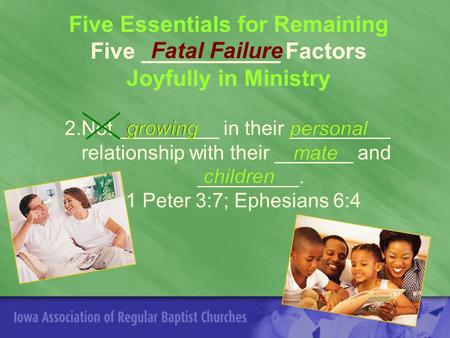 Five Essentials for Remaining Five ___________ Factors Joyfully in Ministry 2.Not _________ in their _________ relationship with their _______ and _________.