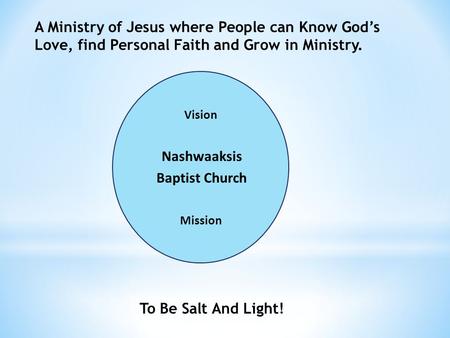 Nashwaaksis Baptist Church A Ministry of Jesus where People can Know Gods Love, find Personal Faith and Grow in Ministry. Mission To Be Salt And Light!