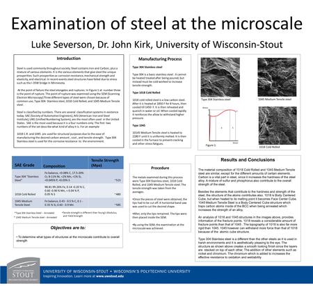 Examination of steel at the microscale Luke Severson, Dr. John Kirk, University of Wisconsin-Stout Introduction Steel is used commonly throughout society.