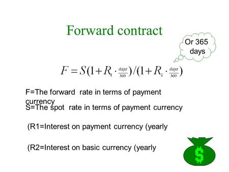 Forward contract F=The forward rate in terms of payment currency S=The spot rate in terms of payment currency (R1=Interest on payment currency (yearly.