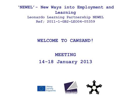 WELCOME TO CAWSAND! MEETING 14-18 January 2013 NEWEL- New Ways into Employment and Learning Leonardo Learning Partnership NEWEL Ref; 2011-1-GB2-LEO04-05359.