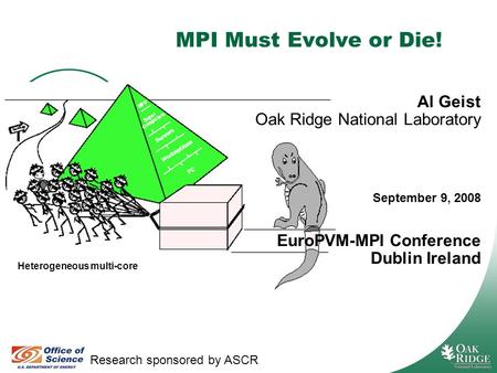 Managed by UT-Battelle for the Department of Energy MPI Must Evolve or Die! Research sponsored by ASCR Al Geist Oak Ridge National Laboratory September.