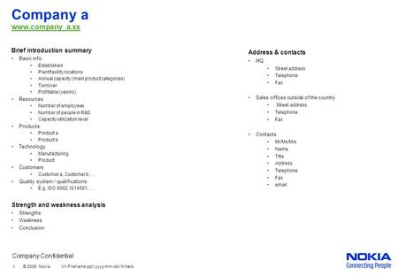 Company Confidential 1 © 2005 Nokia V1-Filename.ppt / yyyy-mm-dd / Initials Company a www.company_a.xx www.company_a.xx Brief introduction summary Basic.