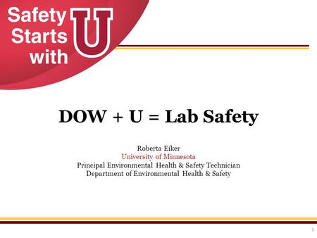 DOW + U = Lab Safety 1 Roberta Eiker University of Minnesota Principal Environmental Health & Safety Technician Department of Environmental Health & Safety.