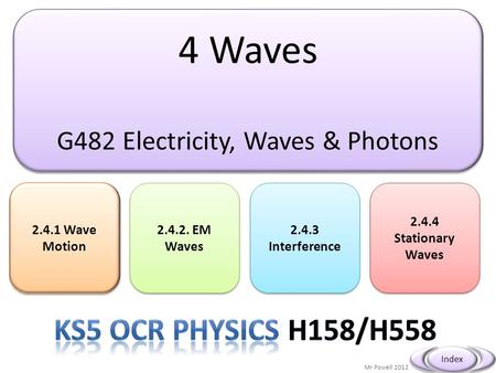 4 Waves G482 Electricity, Waves & Photons 4 Waves G482 Electricity, Waves & Photons 2.4.1 Wave Motion 2.4.1 Wave Motion Mr Powell 2012 Index 2.4.2. EM.