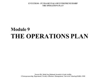 Module 9 THE OPERATIONS PLAN
