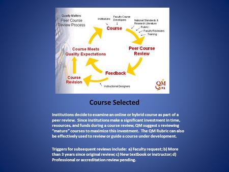 Course Selected Institutions decide to examine an online or hybrid course as part of a peer review. Since institutions make a significant investment in.
