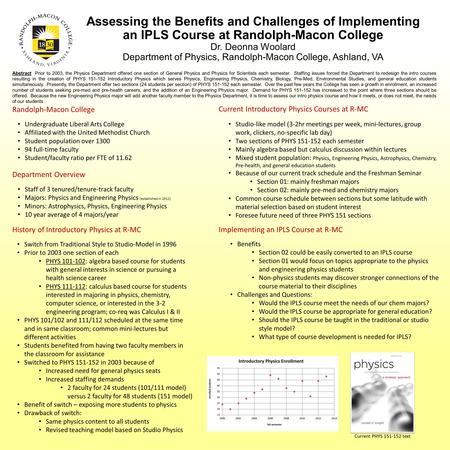 Assessing the Benefits and Challenges of Implementing an IPLS Course at Randolph-Macon College Dr. Deonna Woolard Department of Physics, Randolph-Macon.