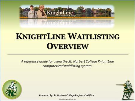 K NIGHT L INE W AITLISTING O VERVIEW A reference guide for using the St. Norbert College KnightLine computerized waitlisting system. Prepared By: St. Norbert.