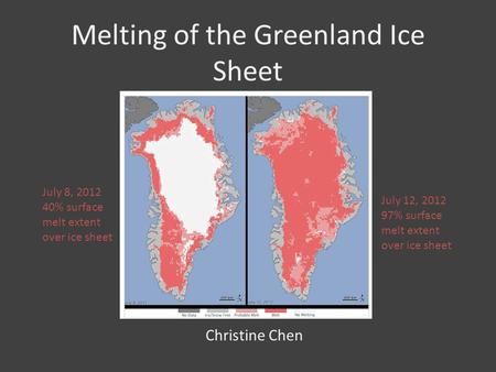 Melting of the Greenland Ice Sheet Christine Chen July 8, 2012 40% surface melt extent over ice sheet July 12, 2012 97% surface melt extent over ice sheet.