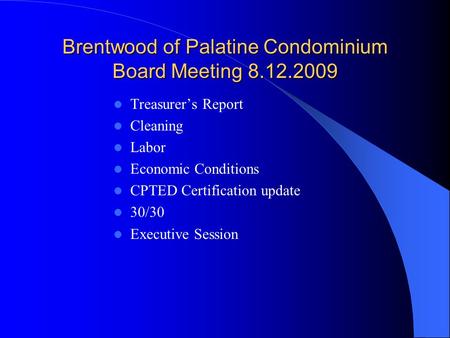 Brentwood of Palatine Condominium Board Meeting 8.12.2009 Treasurers Report Cleaning Labor Economic Conditions CPTED Certification update 30/30 Executive.