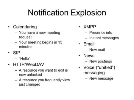 Notification Explosion Calendaring –You have a new meeting request –Your meeting begins in 15 minutes SIP –Hello HTTP/WebDAV –A resource you want to edit.