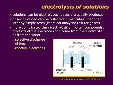 Electrolysis of solutions solutions can be electrolysed; gases are usually produced gases produced can be collected in test tubes; identified later by.