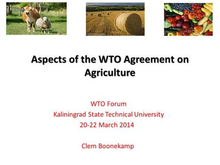 WTO Forum Kaliningrad State Technical University 20-22 March 2014 Clem Boonekamp Aspects of the WTO Agreement on Agriculture.