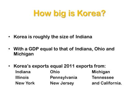 How big is Korea? Korea is roughly the size of Indiana With a GDP equal to that of Indiana, Ohio and Michigan Koreas exports equal 2011 exports from: Indiana.