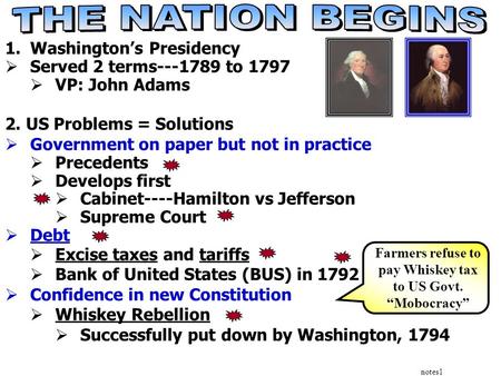 Notes1 1.Washingtons Presidency Served 2 terms---1789 to 1797 VP: John Adams 2. US Problems = Solutions Government on paper but not in practice Precedents.