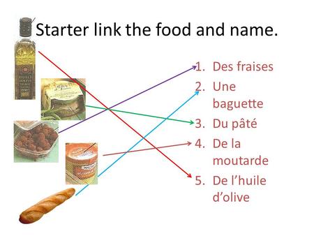 Starter link the food and name. 1.Des fraises 2.Une baguette 3.Du pâté 4.De la moutarde 5.De lhuile dolive.