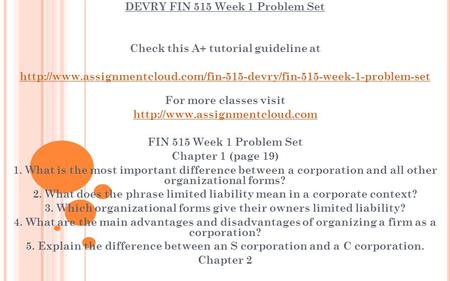 DEVRY FIN 515 Week 1 Problem Set Check this A+ tutorial guideline at  For more classes.