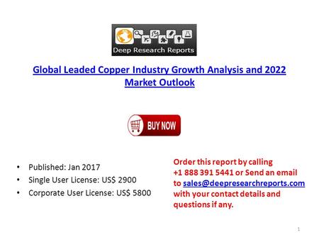 Global Leaded Copper Industry Growth Analysis and 2022 Market Outlook Published: Jan 2017 Single User License: US$ 2900 Corporate User License: US$ 5800.