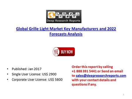 Global Grille Light Market Key Manufacturers and 2022 Forecasts Analysis Published: Jan 2017 Single User License: US$ 2900 Corporate User License: US$